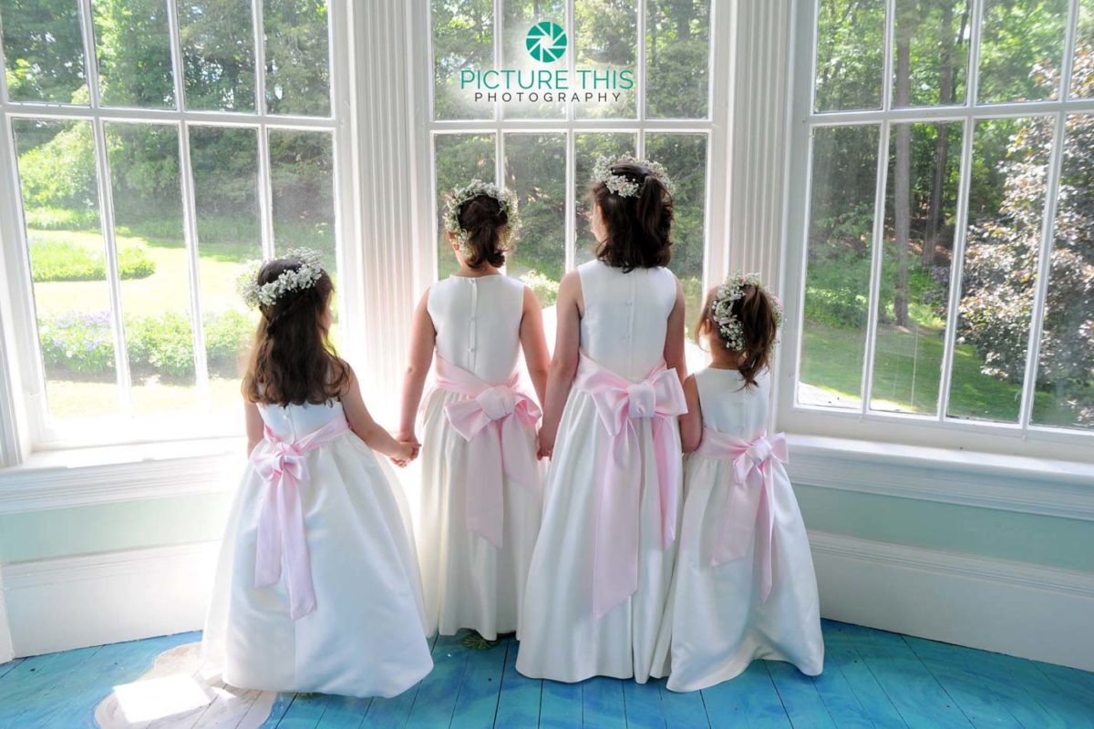 wedding-photographs-of-four-little-girls-holding-hands-lookout-out-lilly-pond-window